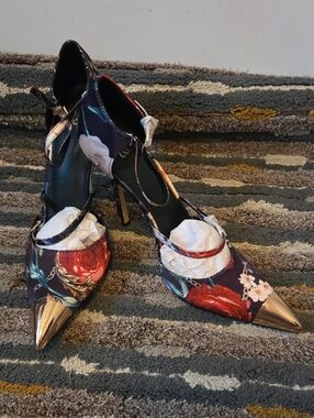 New York & Company Navy Floral Pointed Ankle-Strap Pumps with Gold Cap Toe